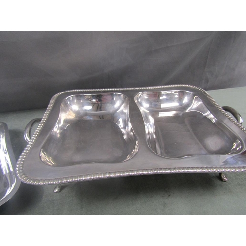 1521 - SILVER PLATE TWO DIVISION SERVING DISH WITH LINERS