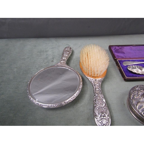 1526 - SILVER BACKED HAND MIRROR AND BRUSH; BOX OF TWO BERRY SPOONS