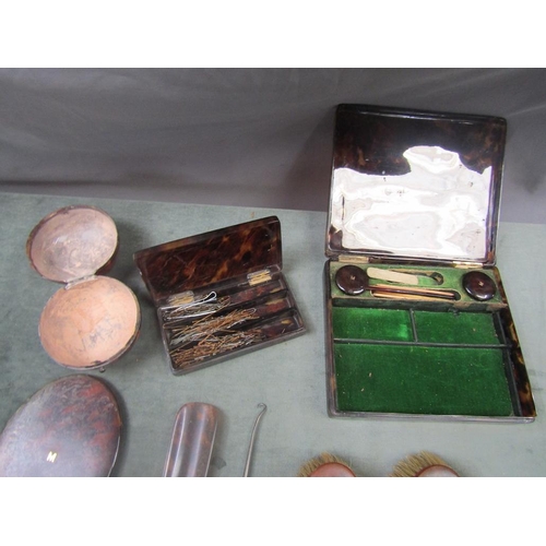 1566 - BOX OF TORTOISESHELL SILVER MOUNTED GENTS DRESSING TABLE WARE TO INC. BOXES, BRUSHES, MIRRORS ETC.