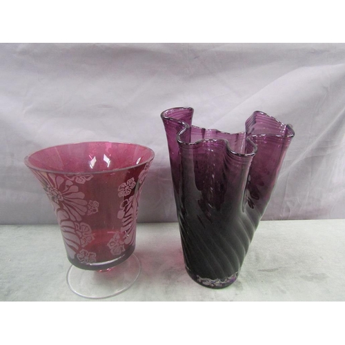 1655 - TWO PURPLE ART GLASS VASES - LARGEST 31CM H