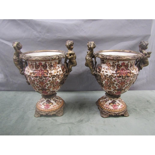 1656 - PAIR OF PORCELAIN VASES WITH GILT METAL BASES AND CHERUB MOUNTS, 32CM H