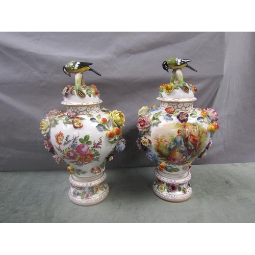 1663 - PAIR OF CONTINENTAL DRESDEN PORCELAIN VASES AND COVERS, HANDPAINTED FLOWER ENCRUSTED WITH BIRD FINIA... 