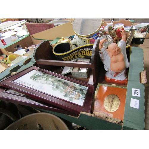 301 - BOX OF MISC. TO INC. ORIENTAL FIGURE AND PLAQUES