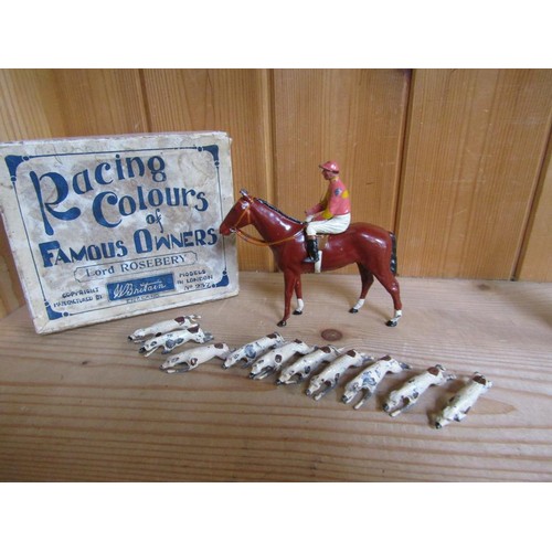 82 - A W Britain cold painted metal figure group of horse and jockey in Lord Rosebery colours, being mode... 