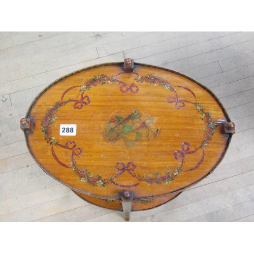 288 - A pair of Regency satinwood two tier occasional tables, painted with flowers, musical instruments an... 