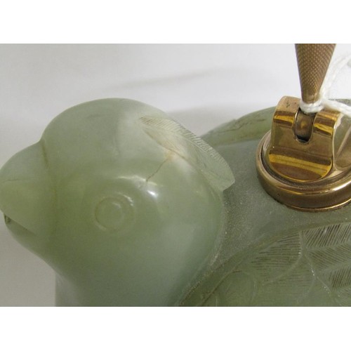 79 - An Oriental carved green stone figure of a seated bird, mounted with a 9ct gold dip well, marked Sam... 