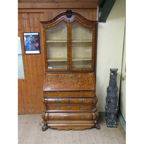 284 - An 18c Dutch style marquetry bureau bookcase, profusely decorated with leaf and flowers, having one ... 