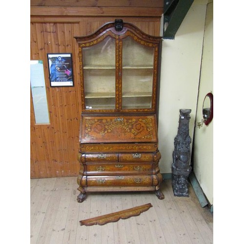 284 - An 18c Dutch style marquetry bureau bookcase, profusely decorated with leaf and flowers, having one ... 