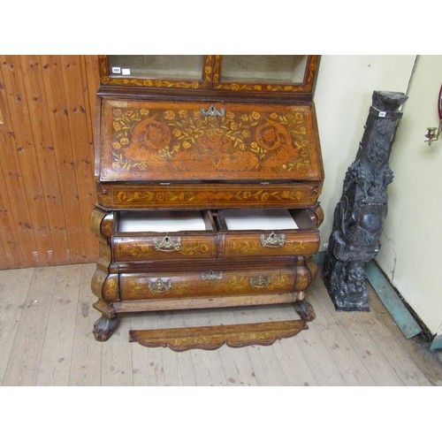 284 - An 18c Dutch style marquetry bureau bookcase, profusely decorated with leaf and flowers, having one ... 