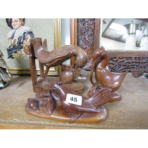 45 - THREE CARVED WOODEN BIRDS