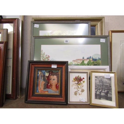 55 - COLLECTION OF FRAMED TILES, PICTURES & PRINTS