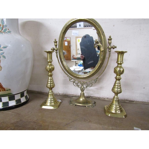 6 - PAIR OF ANTIQUE BRASS CANDLESTICKS; DRESSING TABLE MIRROR