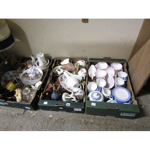 408 - THREE BOXES OF MIXED CHINA - ORNAMENTS, MIXED TEA, TABLEWARES ETC