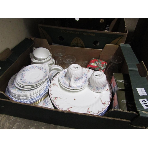 410 - BOX OF TEAWARES AND GLASS TO INCL WEDGWOOD