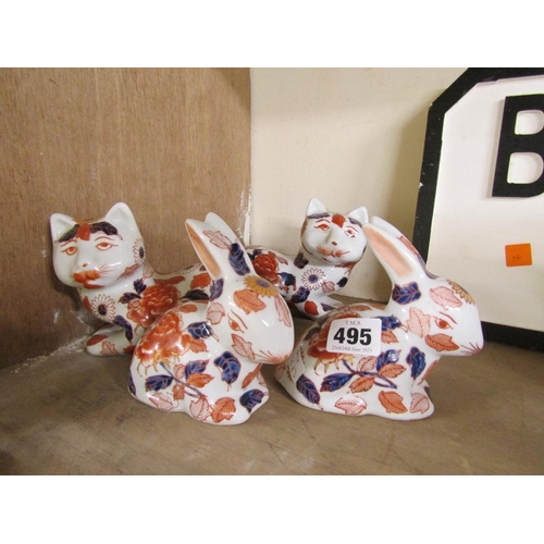 495 - TWO PAIRS OF IMARI ANIMALS - CATS & RABBITS