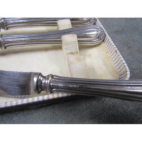 1515 - BOXED SILVER BEAN SPOONS, BOX SILVER HANDLED BUTTER KNIVES AND BOX OF SILVER PLATED FORKS