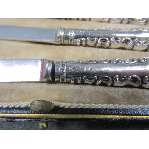 1517 - STERLING SILVER HANDLED CAKE KNIFE, TWO BOXES OF SILVER HANDLED BUTTER KNIVES