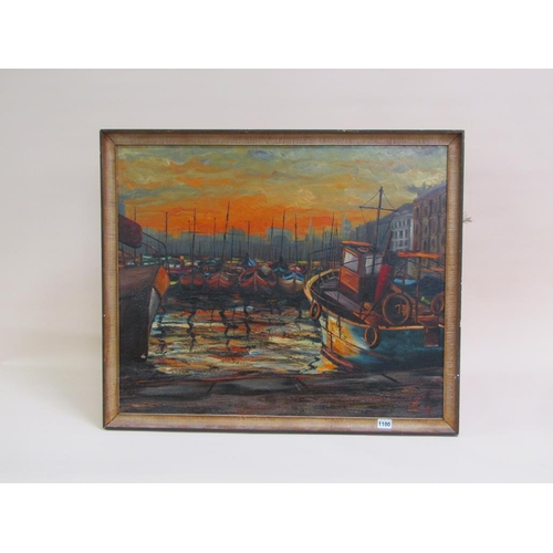 1100 - MARSEITI - CROWDED QUAYSIDE MOORING AT SUNSET, SIGNED OIL ON CANVAS, FRAMED, 61CM X 75CM