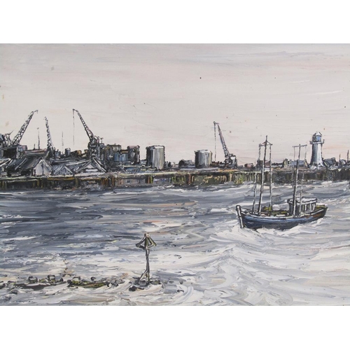 1101 - ROBERT W HILL - INDUSTRIAL QUAYSIDE SETTING, SIGNED OIL ON CANVAS, FRAMED, 31CM X 40CM