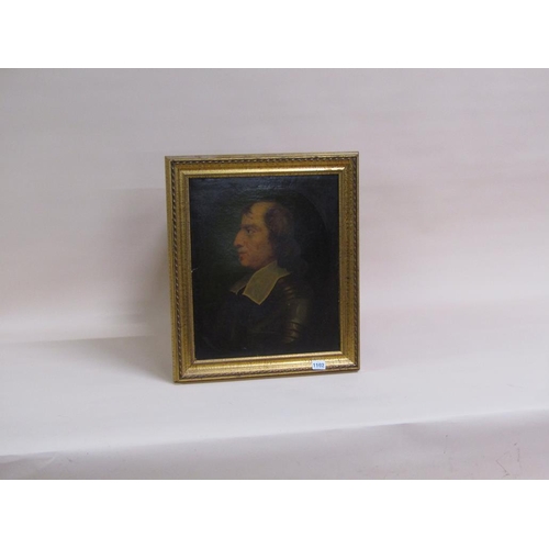 1102 - SIGNED ? - OLIVER CROMWELL, OIL ON CANVAS, FRAMED, 42CM X 34.5CM