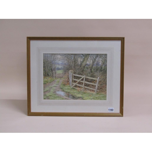 1103 - JOHN CHALKLEY - FIELD GATE ROSSWAY BERKHAMSTED, SIGNED WATERCOLOUR, F/G, 28CM X 34CM