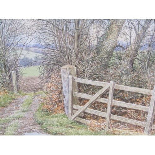 1103 - JOHN CHALKLEY - FIELD GATE ROSSWAY BERKHAMSTED, SIGNED WATERCOLOUR, F/G, 28CM X 34CM