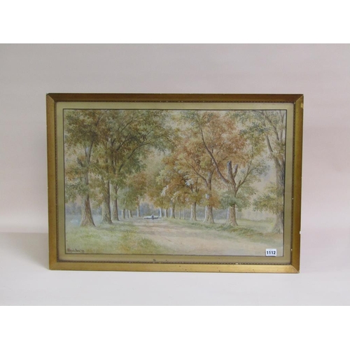 1112 - ALFRED BOX 79 - SHEPHERD AND FLOCK IN AVENUE OF TREES, SIGNED WATERCOLOUR, F/G, 43CM X 65CM