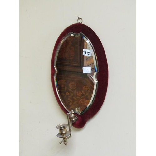 1113 - LATE 19C/EARLY 20C MIRROR SCONCE WITH VELVET BACKING, 40CM X 25CM