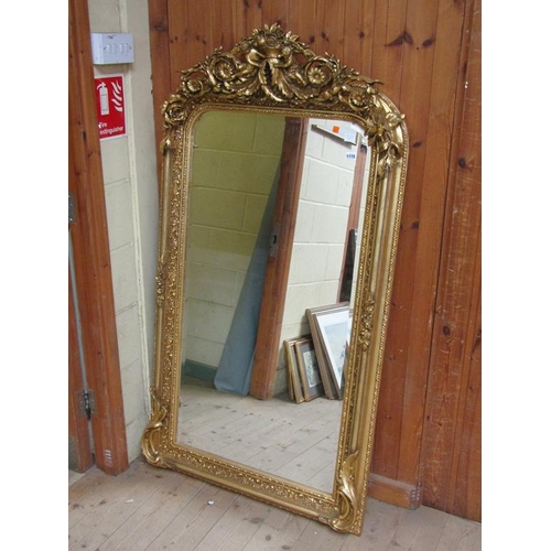 1115 - MID GEORGIAN STYLE GILT WOOD AND STUCCO WALL MIRROR, 158CMX 85CM