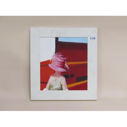 1119 - UNSIGNED - CONTEMPORARY 'THE PINK HAT', OIL ON BOARD, FRAMED, 27CM X 24CM