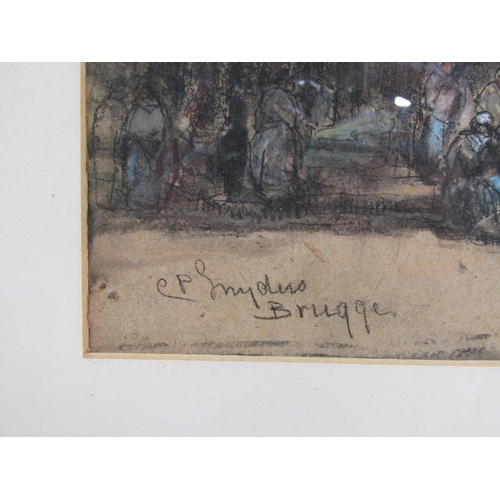 1120 - C P INYDUS - BRUGE, SIGNED AND TITLED WATERCOLOUR, F/G, 50CM X 40CM