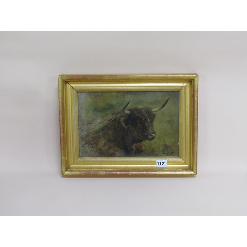 1121 - LOUIS BOSWORTH HURT - A HIGHLAND BULL, SIGNED IN MONO, OIL ON CANVAS, FRAMED, 19CM X 29CM