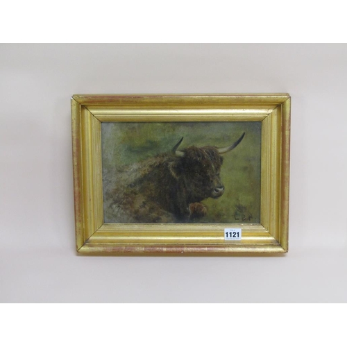 1121 - LOUIS BOSWORTH HURT - A HIGHLAND BULL, SIGNED IN MONO, OIL ON CANVAS, FRAMED, 19CM X 29CM