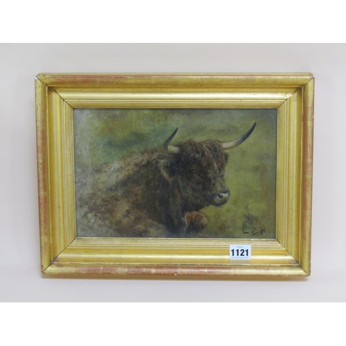 1121 - LOUIS BOSWORTH HURT - A HIGHLAND BULL, SIGNED IN MONO, OIL ON CANVAS, FRAMED, 19CM X 29CM