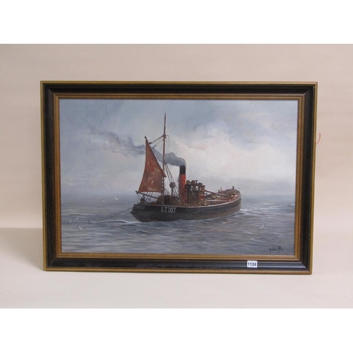 1124 - GORDON ALLEN - A TRAWLER HAULING THE NETS, SIGNED OIL ON CANVAS, FRAMED, 49CM X 75CM