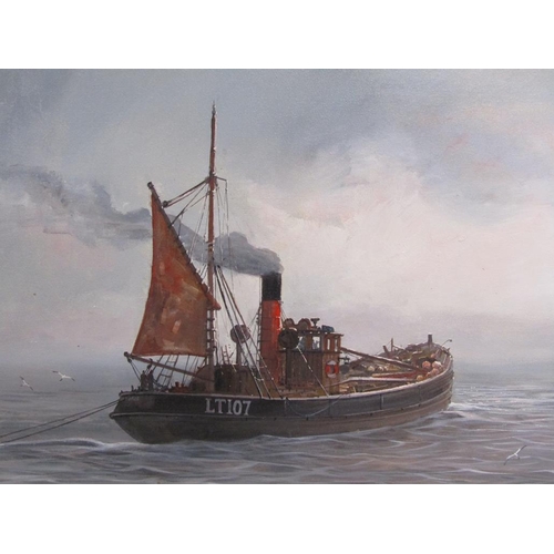 1124 - GORDON ALLEN - A TRAWLER HAULING THE NETS, SIGNED OIL ON CANVAS, FRAMED, 49CM X 75CM