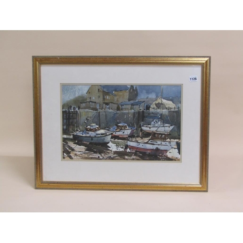 1126 - SIGNED INDISTINCTLY - QUAYSIDE BOATS AT LOW TIDE, SIGNED WATERCOLOUR, F/G, 31CM X 48CM