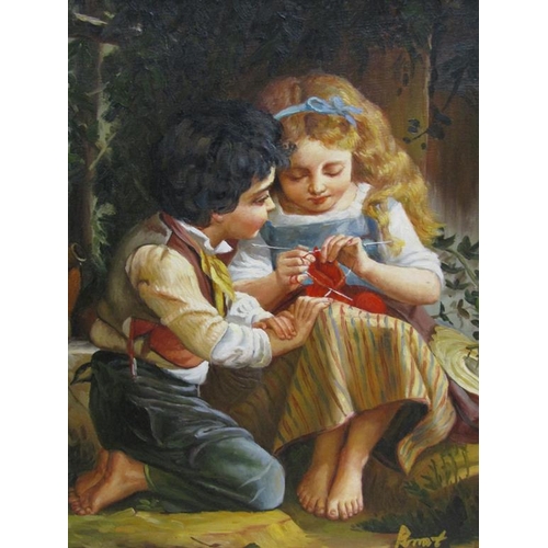 1127 - PARROT - YOUNG GIRL KNITTING, WATCHED OVER BY A YOUNG BOY, SIGNED OIL ON CANVAS, FRAMED, 40CMX 30CM