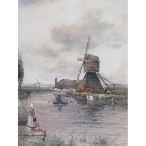 1128 - G VAN RYN - DUTCH RIVERSCAPE, FIGURE IN A BOAT AND LADY ON A PLATFORM, SIGNED WATERCOLOUR, F/G, 52CM... 