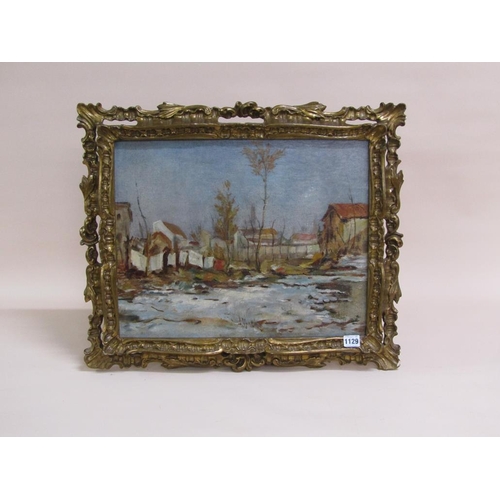 1129 - UNSIGNED - EUROPEAN VILLAGE SCENE, CONTEMPORARY OIL ON CANVAS, FRAMED, 38CM X 48CM