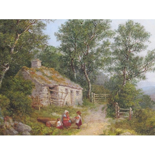 1133 - SAMUEL HENRY BAKER 1824/1909 - PAIR, FAMILY OUTSIDE A STONE COTTAGES IN HIGHLANDS, CIRUCLAR OIL ON C... 