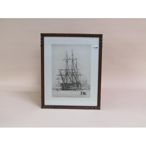 1135 - W L WYLIE - HMS VICTORY IN A WINTER SCENE, SIGNED B&W ENGRAVING, F/G, 35CM X 25CM