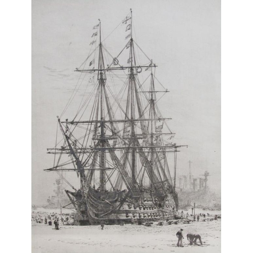 1135 - W L WYLIE - HMS VICTORY IN A WINTER SCENE, SIGNED B&W ENGRAVING, F/G, 35CM X 25CM