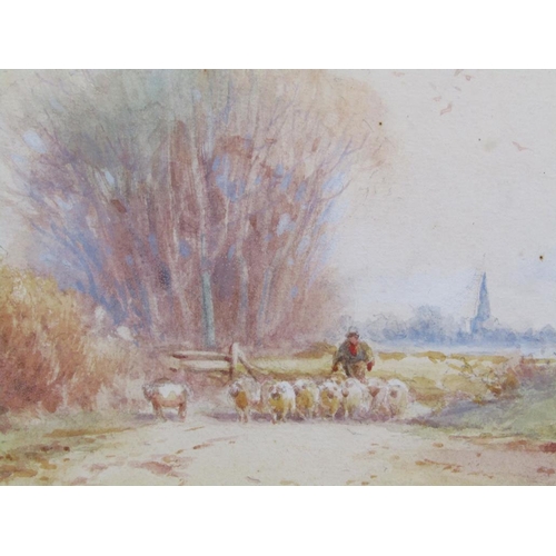 1137 - W KNOX - SHEPHERD WITH HIS FLOCK, SIGNED WATERCOLOR, F/G, 17CM X 37CM