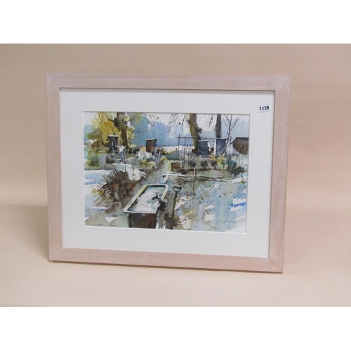 1139 - CHRIS FORSEY - VIEW FROM THE SHED ALLOTMENT IN WINTER, SIGNED WATERCOLOUR, F/G, 34CM X 48CM