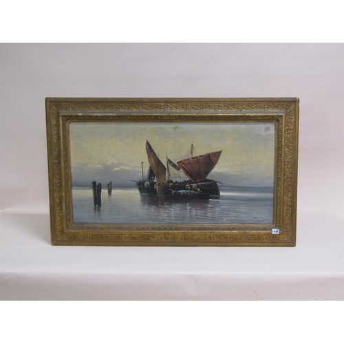 1140 - ROBERT GOULD - COASTAL MERCHANT UNLOADING WOOL, SIGNED, OIL ON CANVAS, FRAMED, 48CM X 90CM