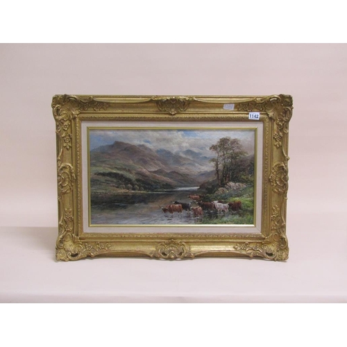 1142 - A LEWIS -PAIR,  HIGHLAND CATTLE AT A RIVER, & CATTLE AND SHEEP GRAZING, SIGNED OIL ON CANVAS, EACH 2... 