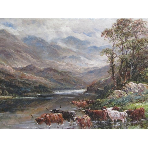 1142 - A LEWIS -PAIR,  HIGHLAND CATTLE AT A RIVER, & CATTLE AND SHEEP GRAZING, SIGNED OIL ON CANVAS, EACH 2... 