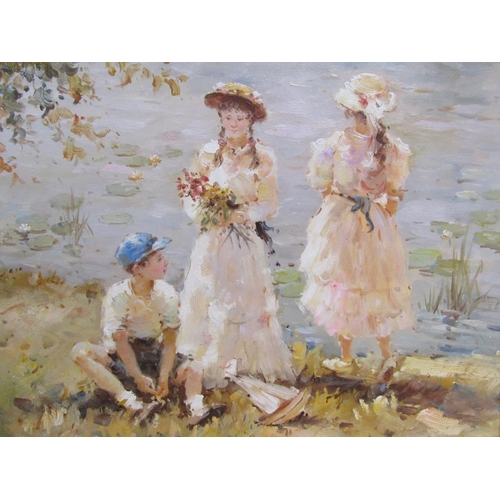 1144 - VALDIMIR PETROV - YOUNG BOY WITH TWO YOUNG LADIES AT A LAKE SIDE, SIGNED OIL ON CANVAS, FRAMED, 49CM... 