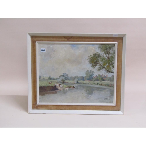 1147 - DAVID FRICKER - BEND IN THE RIVER, SIGNED OIL ON BOARD, FRAMED, 30CM X 56CM